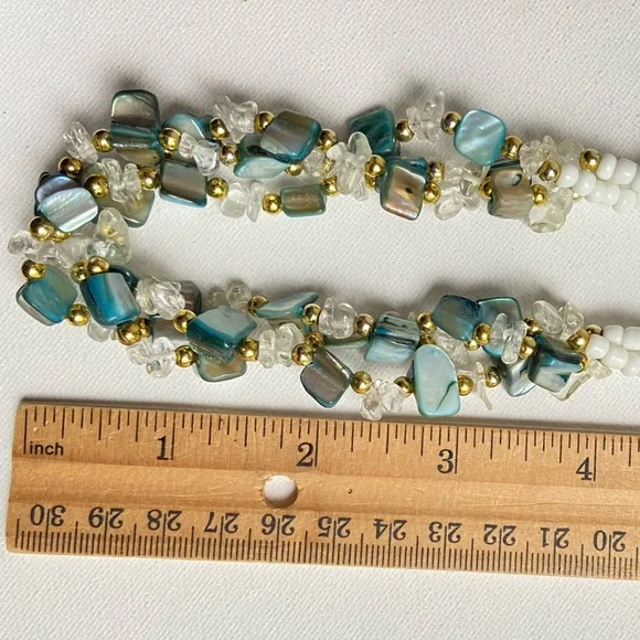 White glass seed bead and aqua dyed shell chunk necklace with goldtone spacers - Picture 9 of 10